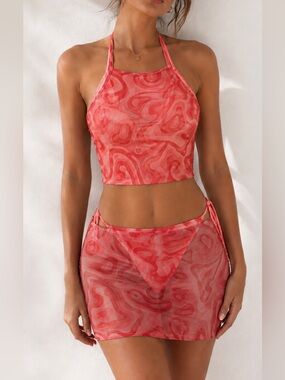 OMIGHTY | Pink | Mesh | Halter Top & Mini Skirt Set | Y2K | Sheer | Festival
